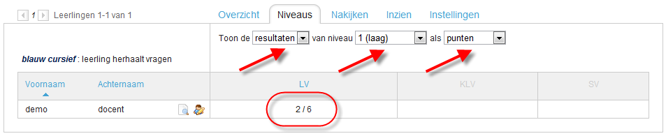 Het niveau van een onderdeel wordt automatisch bepaald aan de hand van de score die de leerling behaalt na het maken van de oefentoetsen. Het eerste niveau wordt bepaald aan de hand van de nulmeting.