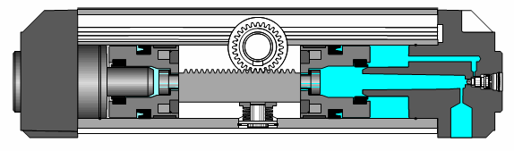 Zwaaiaandrijvingen De draaicilinder met tandwieloverbrenging (Fig. 30) Dit is een bijzondere uitvoering van de dubbelwerkende cilinder (Fig.31).