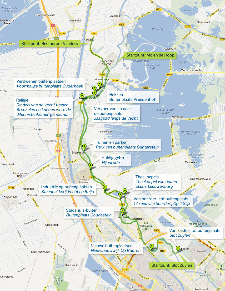 Buitenplaatsenroute - fietsroute 5 tot 27 km Start: knooppunt 33, Start: Vlinders, Rijksstraatweg 189, 3632 AC Loenen aan de Vecht De Vechtstreek is beroemd om zijn buitenplaatsen.