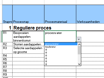 Stap 10. Bepaal het gebruikte procesmateriaal (kolom C). In deze kolom krijgt u een drop-down menu waarin u de eerder ingevulde procesmaterialen als keuze krijgt voorgeschoteld.