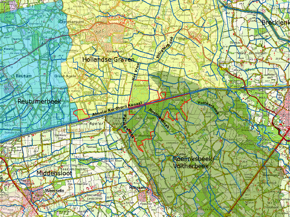 Figuur 5.8. Oppervlaktewatersysteem en indeling stroomgebieden van het Natura 2000-gebied (blauw Reutumerbeek, geel Hollandse Graven, groen Stroomgebied Roelinksbeek/Voltherbeek.