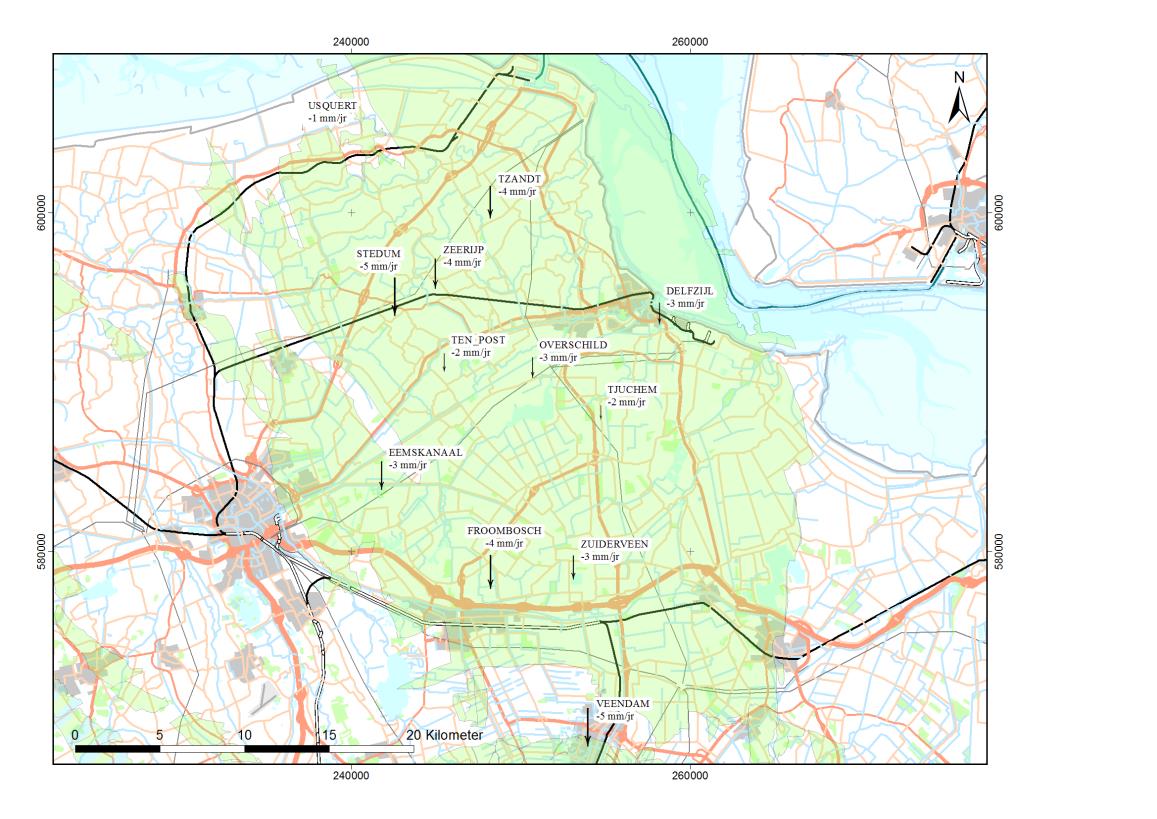 Figuur 6 Dalingssnelheden per GPS station bepaald voor periode oktober 2014-2015 (mm/jaar).