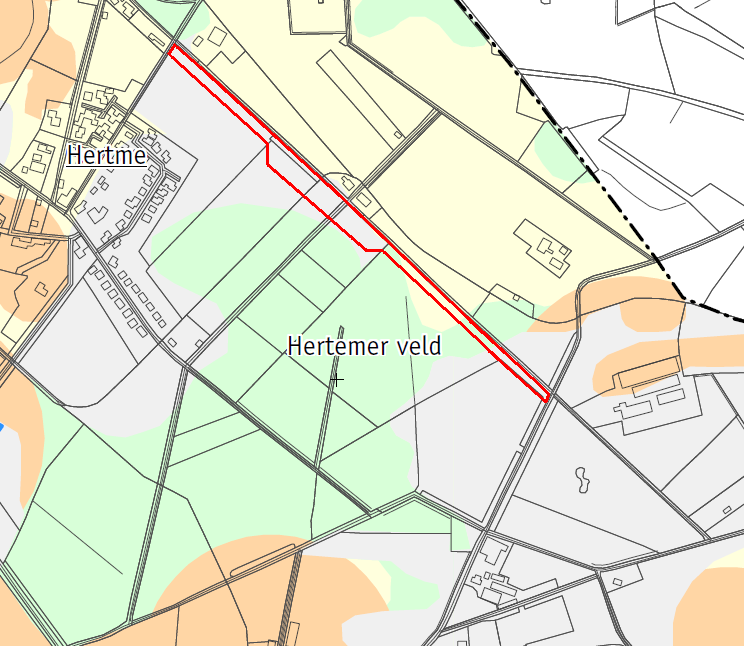 Uitsnede uit de archeologische verwachtings- en advieskaart van de gemeente Borne. In rood wordt het plangebied weergegeven.