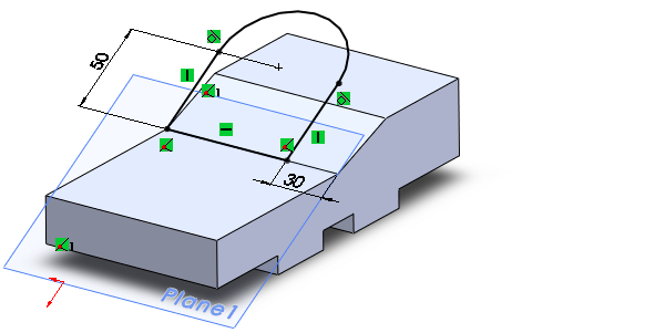 55 1. Beweeg de cursor terug naar het eindpunt van de lijn (niet klikken!) 2. SolidWorks begint nu een boog te tekenen. 3. Klik voor het tweede punt van de boog zoals je hiernaast ziet.