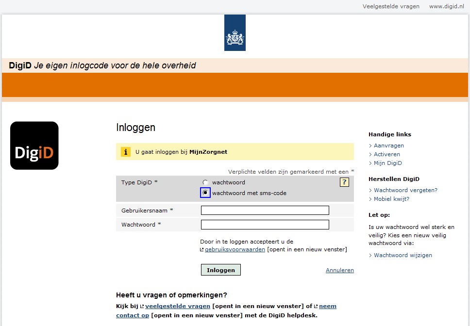 Kies bij Type DigiD: wachtwoord met sms-code.