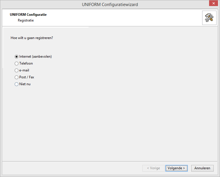 1.4 Registratie en configuratie Wanneer u UNIFORM voor de eerste keer opent krijgt u eerst de configuratiewizard in beeld. Deze begint met Registratie.