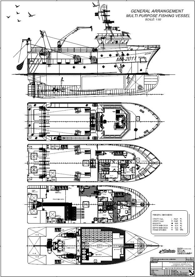 Bijlage 6 Algemeen plan en specificatie ontwerp A Nieuwbouw Multipurpose vissersschip MA 2011 Dit vaartuig is een Multipurpose stalen