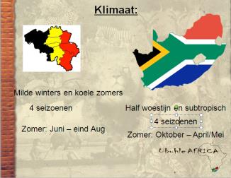 In België zijn er veel minder mensen (10 miljoen mensen) dan in Zuid-Afrika (55 miljoen). Dat is maal vijf. Rrustem: Het is daar in de zomer warm! De zomer duurt van oktober tot april.