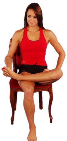 Lenigmakende oefening:peroneal Stretch Zit op een stoel met één voet op je andere knie. Trek de voet op je knie in plantairflexie en trek de zool van je voets opwaarts.