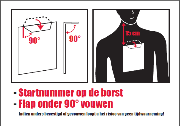 5 Deelnemersinformatie Gebruik Startnummer Bevestig het startnummer op de juiste manier voor een goede tijdwaarneming. Het startnummer met chip moet op de borst gedragen worden.