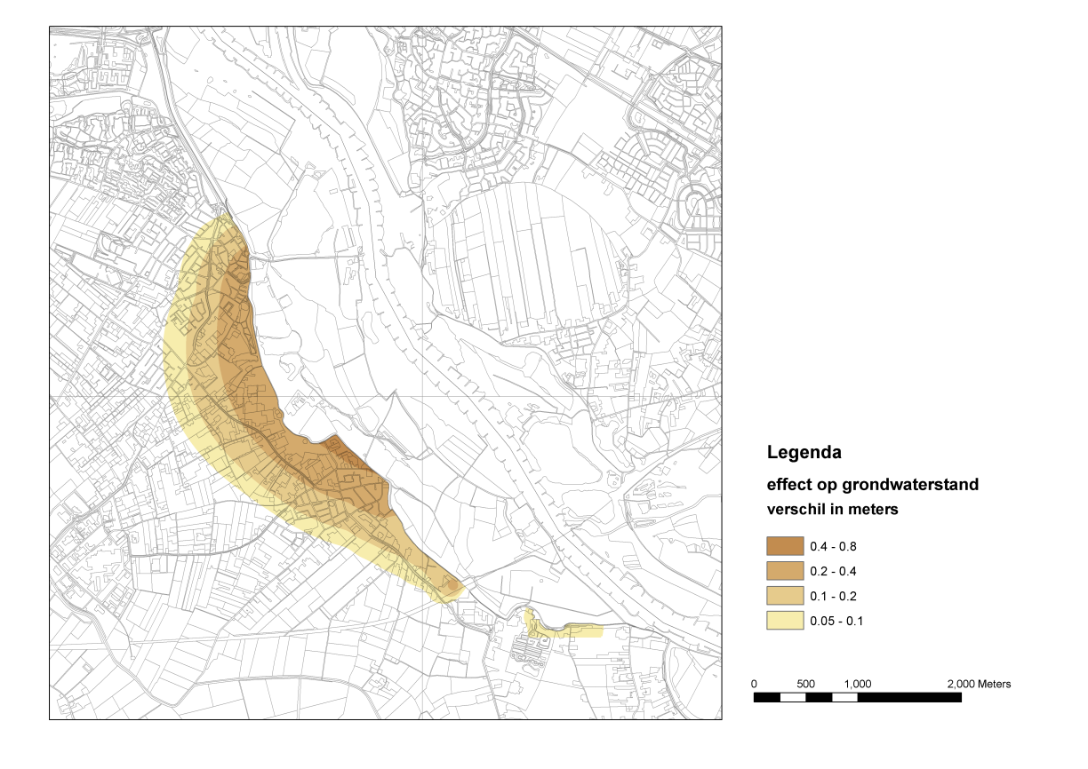 Figuur 7: binnendijkse effecten op de grondwaterstand (verlaging grondwaterstand) tijdens