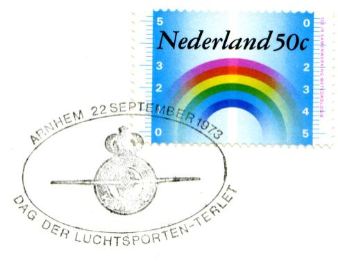 TBBS 0285 VDW 1037 Gebruiksdatum zaterdag 30 juni 1973. Arnhem Dag der Luchtsporten 1973 Dienstorder No H.449 van 4 september 1973: Tijdelijke plaatsing brievenbus en gebruik bijzonder poststempel.