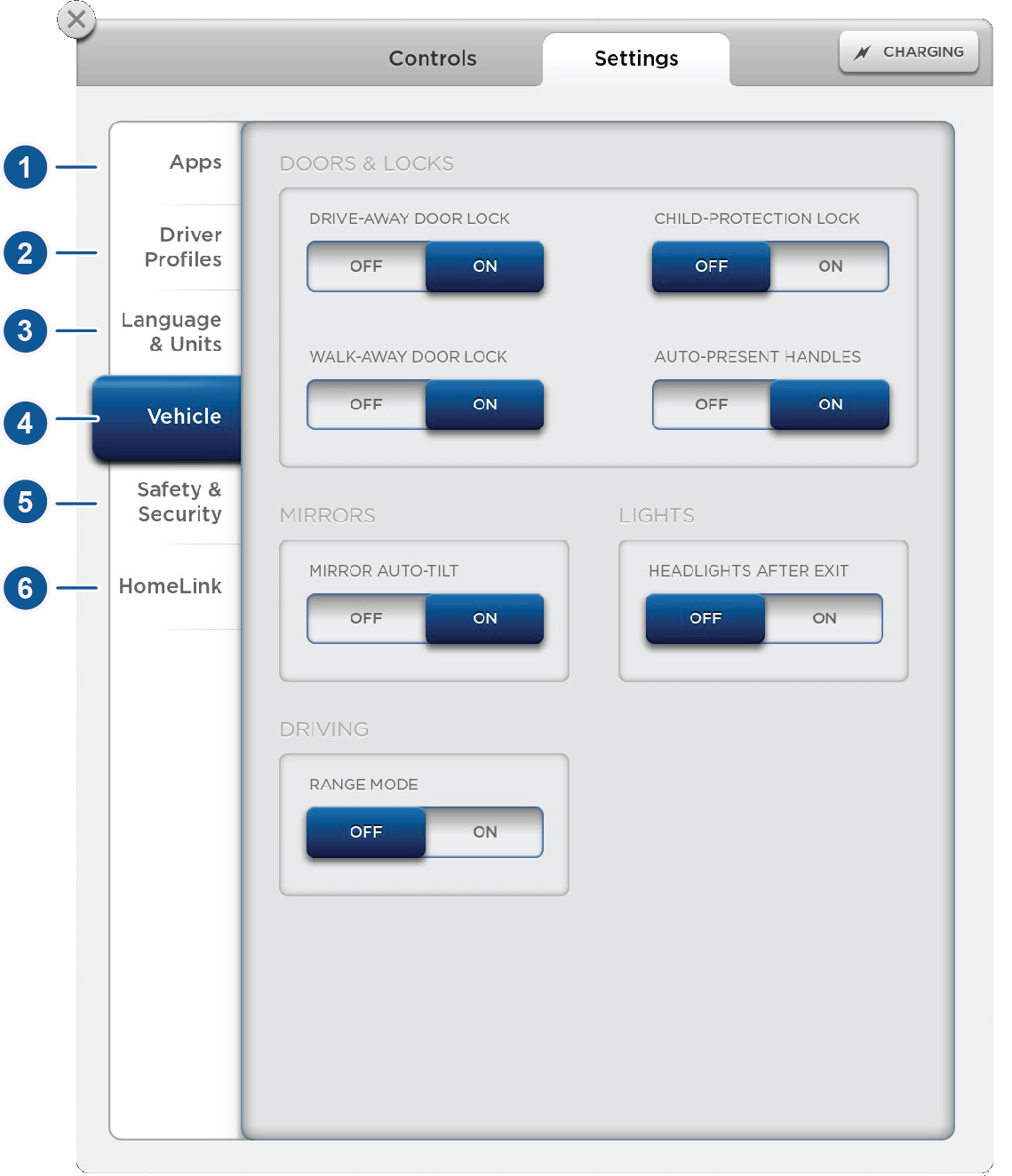 Touchscreen - Instellingen Touchscreen - Instellingen Touchscreen - Instellingen Persoonlijke instellingen Model S Druk op de tab Settings aan de bovenzijde van het Controls-venster om uw