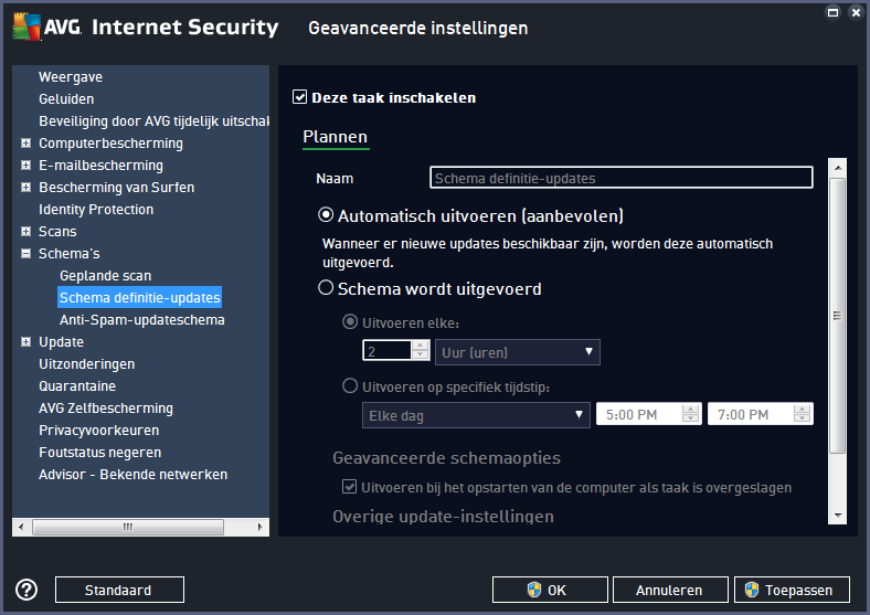 3.5.9.2. Schema voor definitie-updates Als het echt nodig is, kunt u de optie Deze taak inschakelen uitschakelen om een geplande update tijdelijk uit te schakelen.