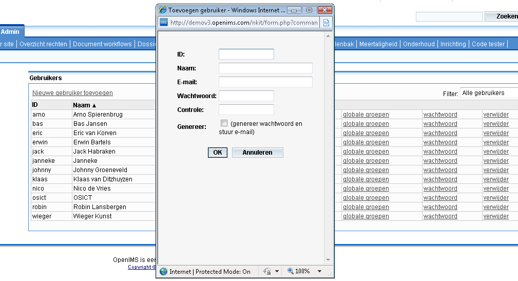 3.3 Wachtwoord Alle wachtwoorden worden gecodeerd opgeslagen (MD5 Crypto Hash). Dit betekent dat een wachtwoord niet herleidbaar is.