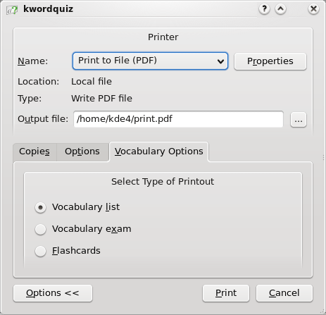 Hoofdstuk 9 Afdrukken Met KWordQuiz kan een woordenlijst op verschillende manieren worden afgedrukt. Met Bestand Afdrukken... krijgt u het standaard KDE afdrukkenvenster te zien.