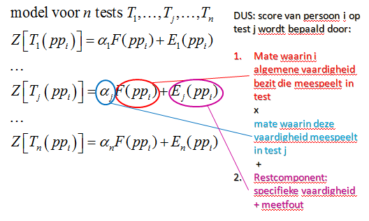 1) Model De score van een persoon op een test wordt bepaald door (1) de mate waarin de persoon de onderliggende vaardigheid bezit die meespeelt in alle tests en (2) de specifieke vaardigheden voor de