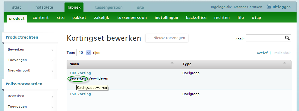 Kortingset bewerken of verwijderen De kortingset bewerkt u op Fabriek niveau.