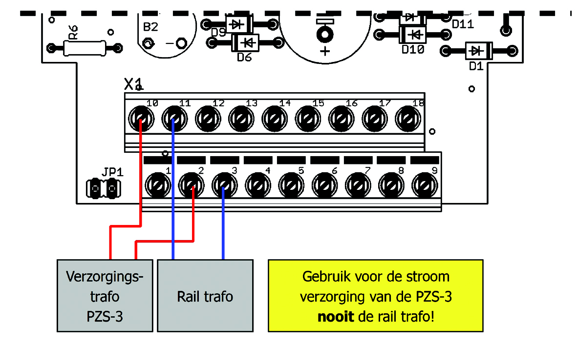 Nederlands PZS-3,! Let op: Gebruik voor de stroom verzorging van de PZS-3 nooit de rail trafo!