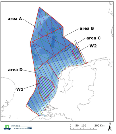 TNO-rapport TNO 2015 R10335 26 / 75 over de dichtheid van bruinvissen buiten Nederland (NCP) wordt verwezen naar paragraaf 3.1.4. Figuur 2-6 Uit Geelhoed et al.