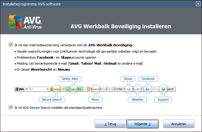 4.5. De AVG Werkbalk Beveiliging installeren In het dialoogvenster De AVG Werkbalk Beveiliging installeren bepaalt u of u de AVG Werkbalk Beveiliging wilt installeren.