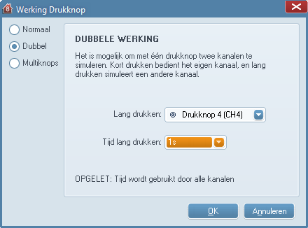 Dubbele werking (Dubbel): We kunnen een drukknop ook een tweede laten simuleren door er lang op te drukken zoals in figuur 1.