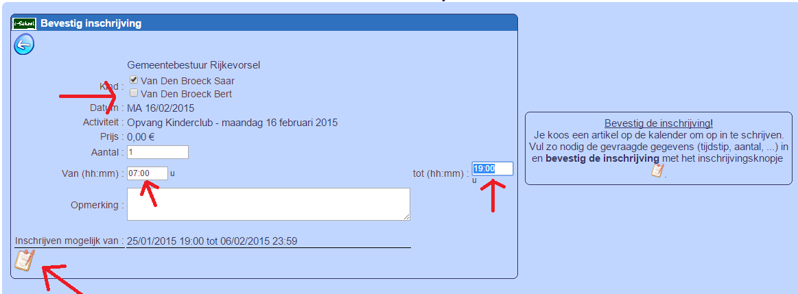 Vervolgens krijg je een detailvenster van de activiteit. Als je je kind wilt inschrijven voor deze activiteit, druk op de inschrijvingsknop.