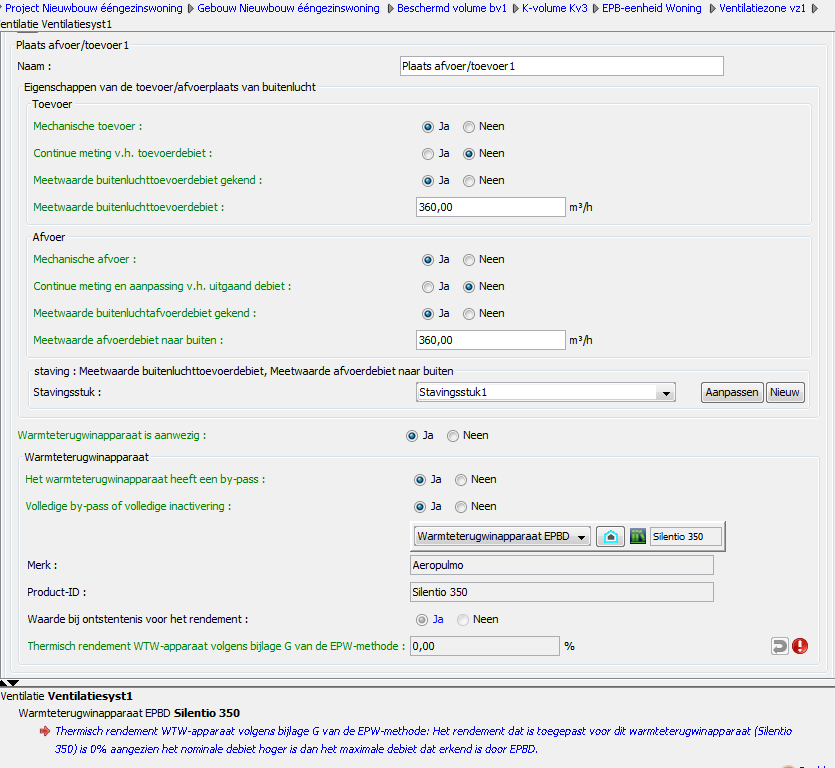 10 In de versie 6.0.1 zijn validaties ingebouwd zodat de invoer van de EPBD-warmteterugwinapparaten correct gebeurt: In Figuur 11 verschijnt onderaan een melding dat het rendement van het toestel 0% is.