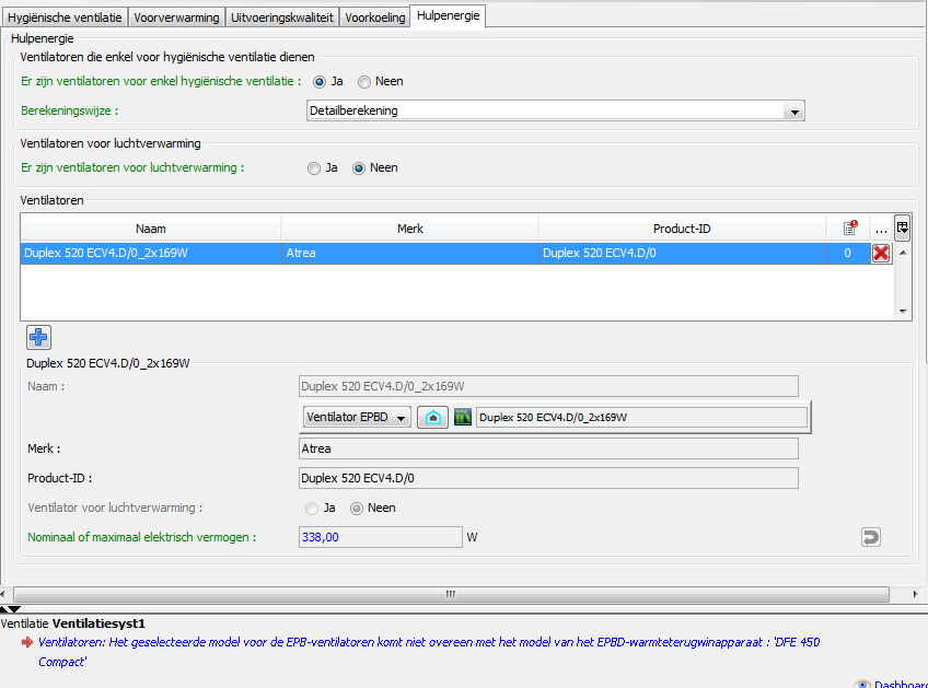 12 U kunt de ventilatoren ingeven op het tabblad Hulpenergie van de rubriek Ventilatie in de boomstructuur (zie Figuur 14).