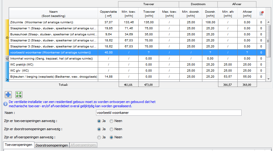 15 3.10 Waarden bij ontstentenis voor de aanwezigheid van ventilatieopeningen Als u de ventilatieopeningen invoert van een ruimte, moet u telkens antwoorden op drie vragen: Zijn er toevoeropeningen