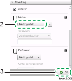 2 Deze applicatie uitproberen met testbestanden Stap 10: Afwerkinstellingen opgeven Stel de documentafwerking in om het document als een boekje in te binden. 2 1.