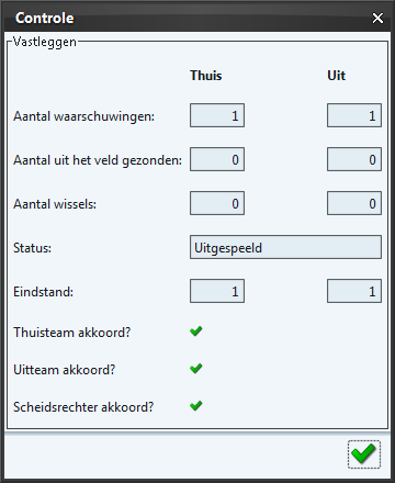 Bovenstaand scherm is ter controle voor de scheidsrechter / verenigingen. 2. Met de knop verzendt de scheidsrechter het wedstrijdformulier definitief.