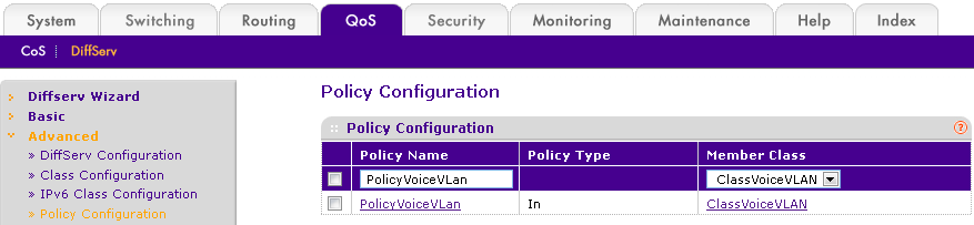 5. Configureren ClassVoiceVLAN. Ga naar QoS DiffServ Advanced Class Configuration, u ziet onderstaand scherm. Klik op ClassVoiceVLAN Selecteer: VLAN VLAN ID veld: 10 6.