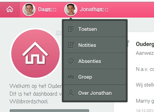 Wanneer u klikt op de naam van uw kind rolt onderstaand menu uit. Op elk onderdeel kunt u vervolgens weer klikken om het te openen.