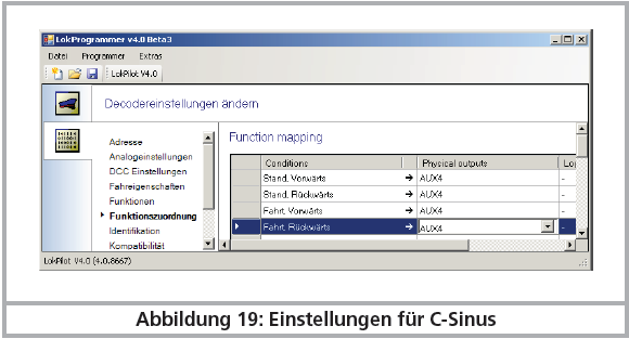 Afbeelding 19 : instellingen voor C-Sinus. 12. Functie-uitgangen. 12.1. Beschikbare functie-uitgangen. LokSound decoders bezitten tot 6 fysieke uitgangen.