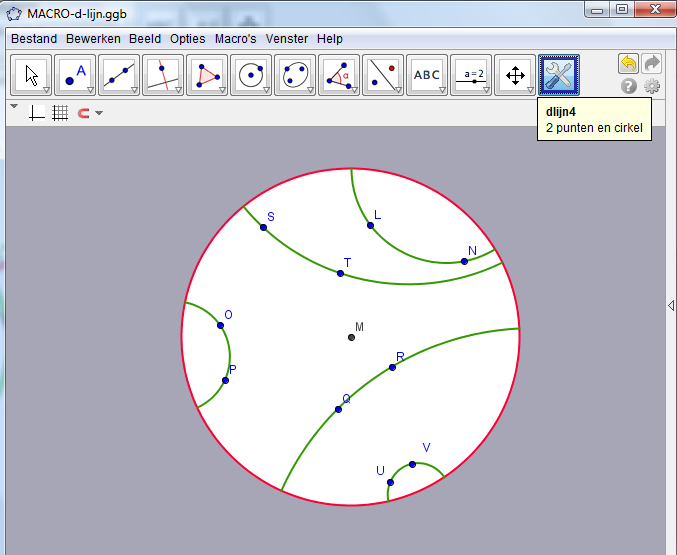 GeoGebra bestand: constructie van d-lijn.ggb Stap 2: bewaren van deze constructie als macro. Uitgewerkt bestand: MACRO-d-lijn.ggb 27.5 Macro voor een d-cirkel op de Poincaré schijf.