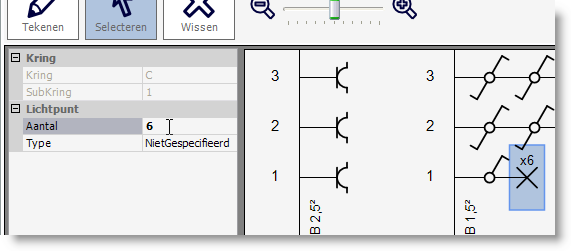 7. Niet alle eigenschappen van componenten zijn selecteerbaar uit een lijst. Het geleidertype van een leiding bijvoorbeeld is een tekst die u vrij kan wijzigen.