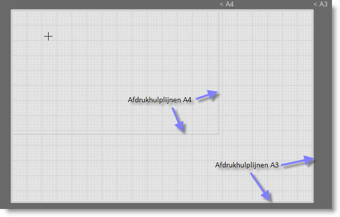 De afdrukhulplijnen Op het tekenblad van het situatieschema vind je afdrukhulplijnen terug voor A4 en A3: Wanneer u wil afdrukken op A4 formaat, tekent u best alle componenten binnen de