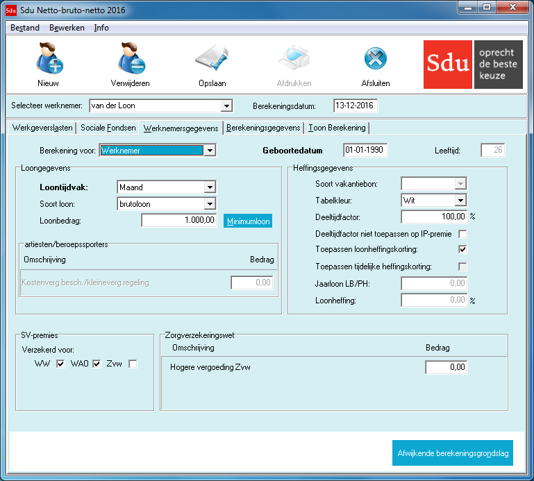7 TABBLAD WERKNEMERGEGEVENS Het tabblad werknemergegevens heeft de volgende frames: Algemeen (berekening voor en de leeftijd van de werknemer) Loongegevens SV-premies Heffingsgegevens