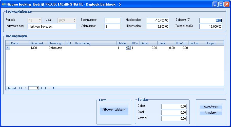 De knop Afboeken telebank kan worden gebruikt om een betaalbestand dat via Telebank is aangemaakt, in zijn geheel in te lezen en daarmee de betaalde crediteuren in één keer als betaald te boeken.