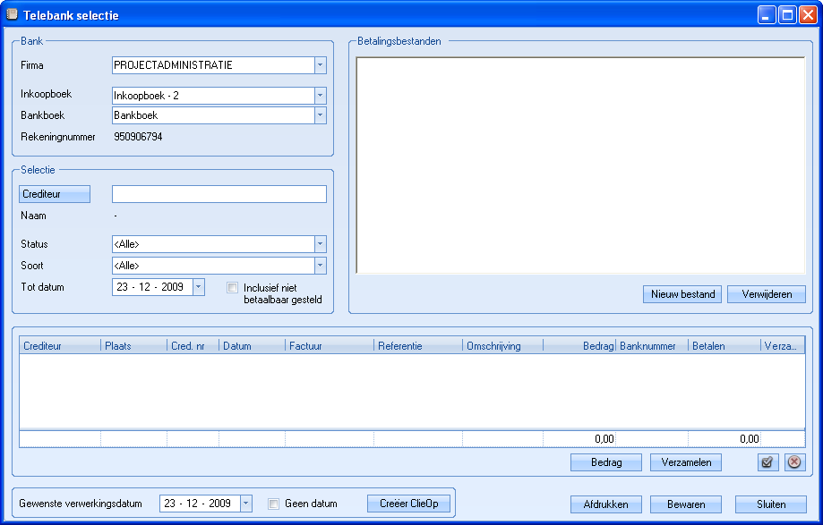 Door deze taak aan te klikken met uw muisaanwijzer verschijnt het volgende scherm: Hieronder volgt een beschrijving van de stappen die men neemt voor het genereren van een betalingsbestand: Firma