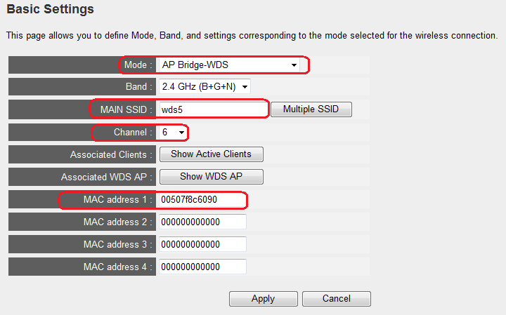 Ga vervolgens in de AP700 naar Basic Settings en verander de volgende instellingen. 1) Mode; Deze zet u op AP Bridge WDS.