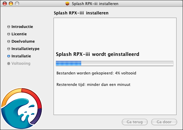 DE SPLASH RPX-iii-SERVERSOFTWARE INSTALLEREN 18 6 Kies de vaste schijf van de Macintosh (standaard Macintosh HD of Splash HD ) als het volume waarop de Splash RPX-iii serversoftware zal worden