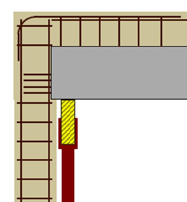 60cm Centrale onderschoring - Loodrecht op de muur, geplaats op een verdeelbalk van minimum 60 cm, de opleg is minimum 2,5 cm + uitstekende wapening van 10 cm, te dekken door het beton van vulling in