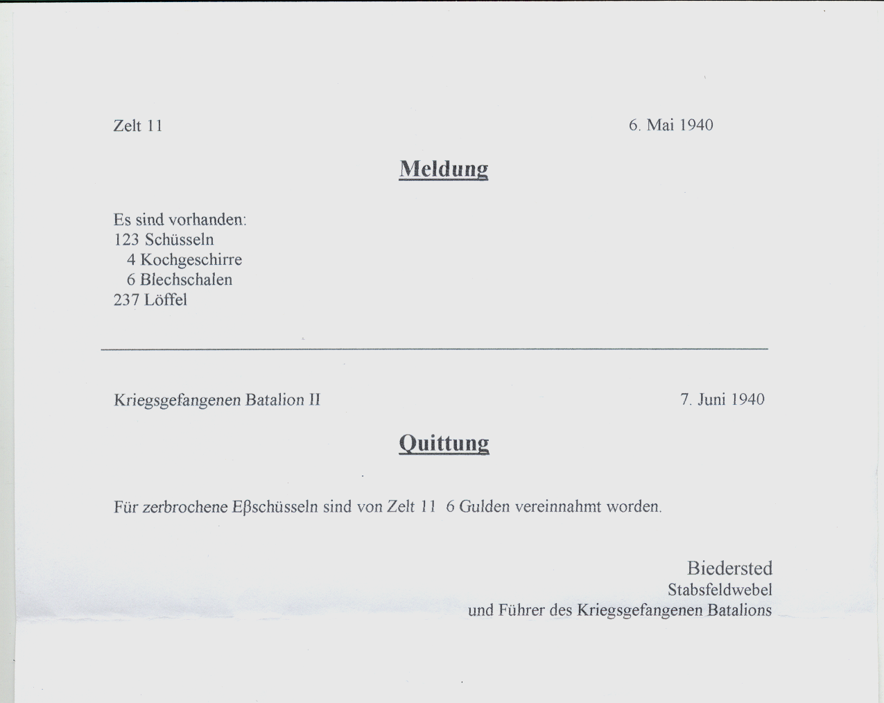 Duitse tekst op de twee documenten die betrekking hebben op het kriegsgefangenenlager Luckenwalde (tent 11) Opm: de datum op