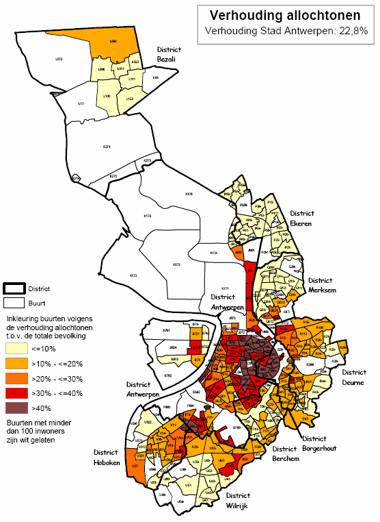 Belgische bevolking. Ook in de sociale appartementen op t Kiel wonen veel Marokkanen en Turken (Eggerickx, e.a., 1999: 166).