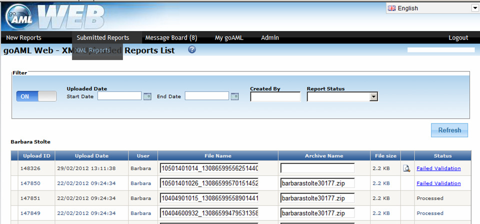 3. Submitted Reports To view the status and a summary of the reports submitted by your organisation, you go to Submitted Reports and then to XML Reports : Through the magnifier a summary is available