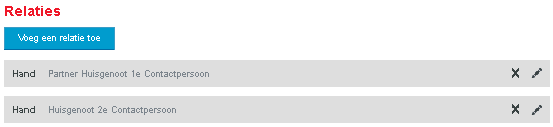 Met het icoontje Met het icoontje kunt u het betreffende relatiescherm weer openen en bewerken. wordt de relatie verwijderd (er wordt geen waarschuwing gegeven!). Met de knop toevoegen.