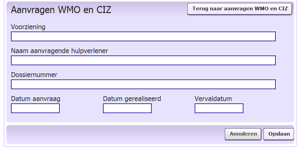 Typ in de eerste witte balk om welke voorziening het gaat,. Typ in de tweede witte balk de naam van de hulpverlener die de voorziening heeft aangevraagd, bijvoorbeeld de huisarts.