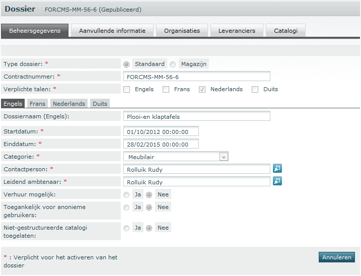 7.3.1 Beheersgegevens Selecteer op de pagina Dossier het tabblad Beheersgegevens Afbeelding 54: tabblad Beheersgegevens Contractnummer : het contract waaraan dit dossier in e-catalogue verbonden is